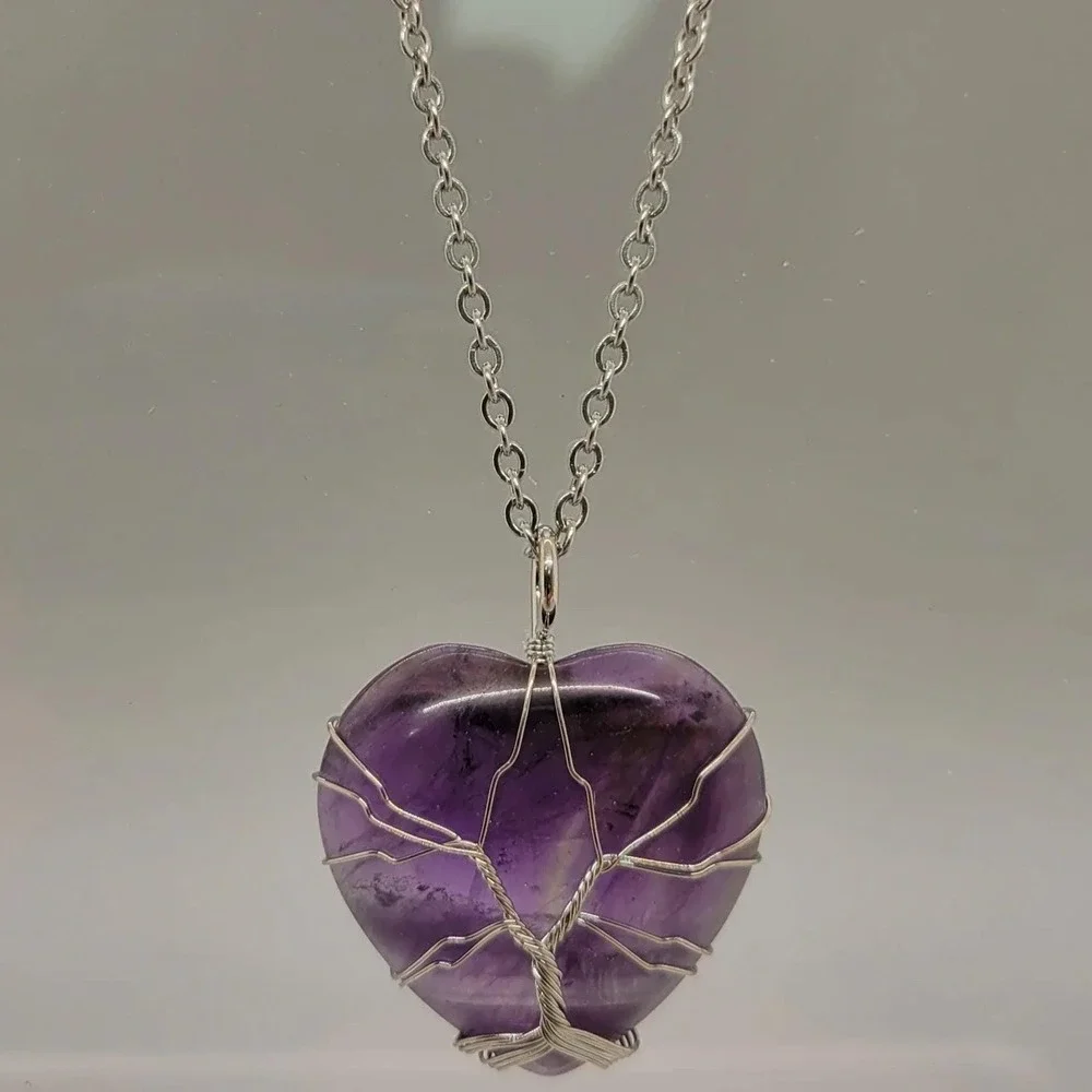 Amethyst Necklace Heart Pendant Wire Wrapped, February Birthstone, Chain